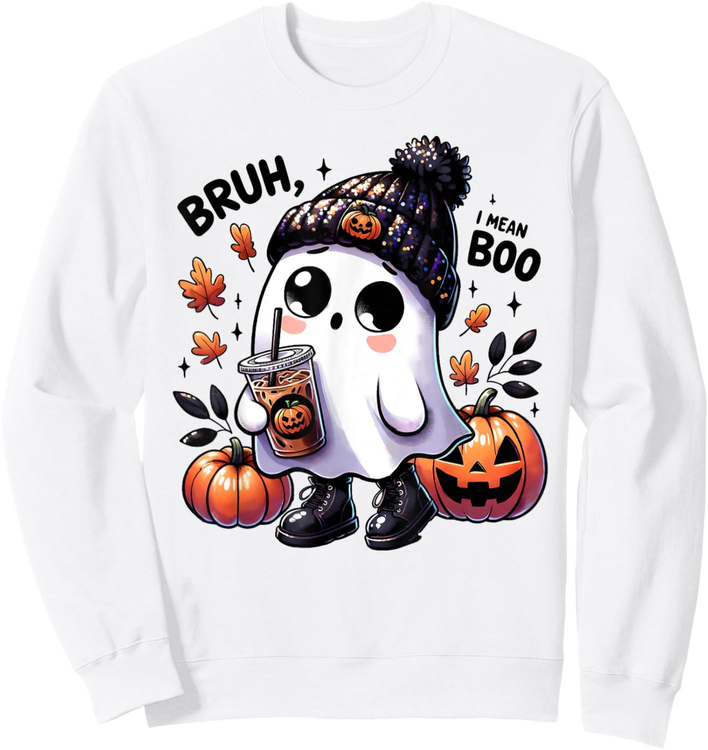 Bruh I Mean Boo Funny Ghost Jack O Lantern Coffee Halloween Sweatshirt - Sweatshirt | White