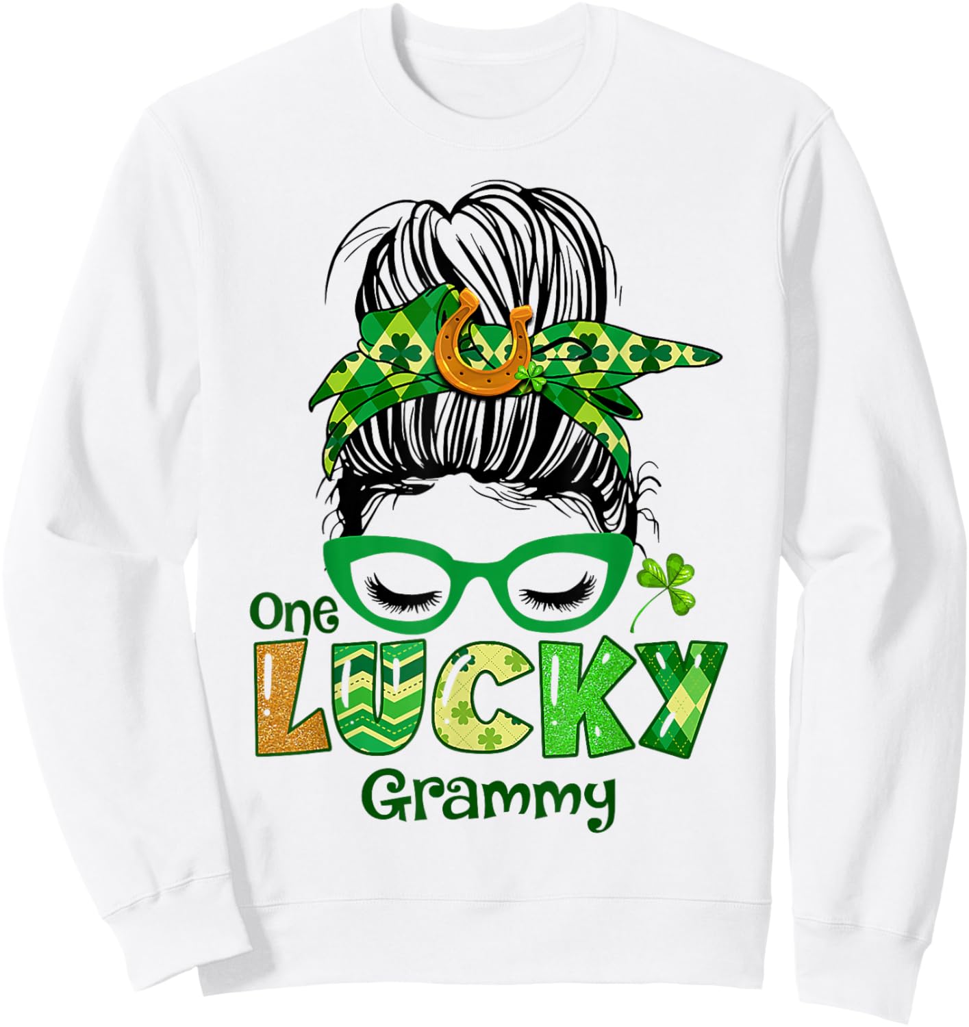 One Lucky Grammy Messy Bun Leopard St Patricks Day Shamrock Sweatshirt - Sweatshirt | White