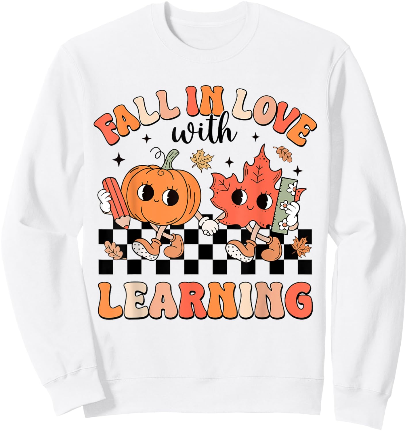 Retro Fall In Love With Learning Autumn Pumpkin Teacher Sweatshirt - Sweatshirt | White