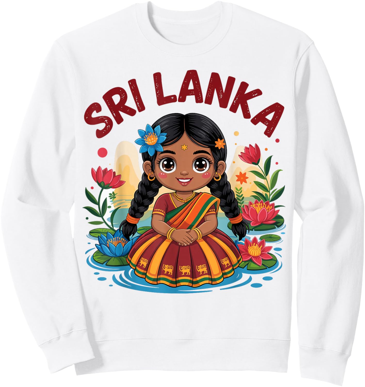 Sri Lankan Girl in Traditional Dress with Lotus Flowers Kids Sweatshirt - Sweatshirt | White
