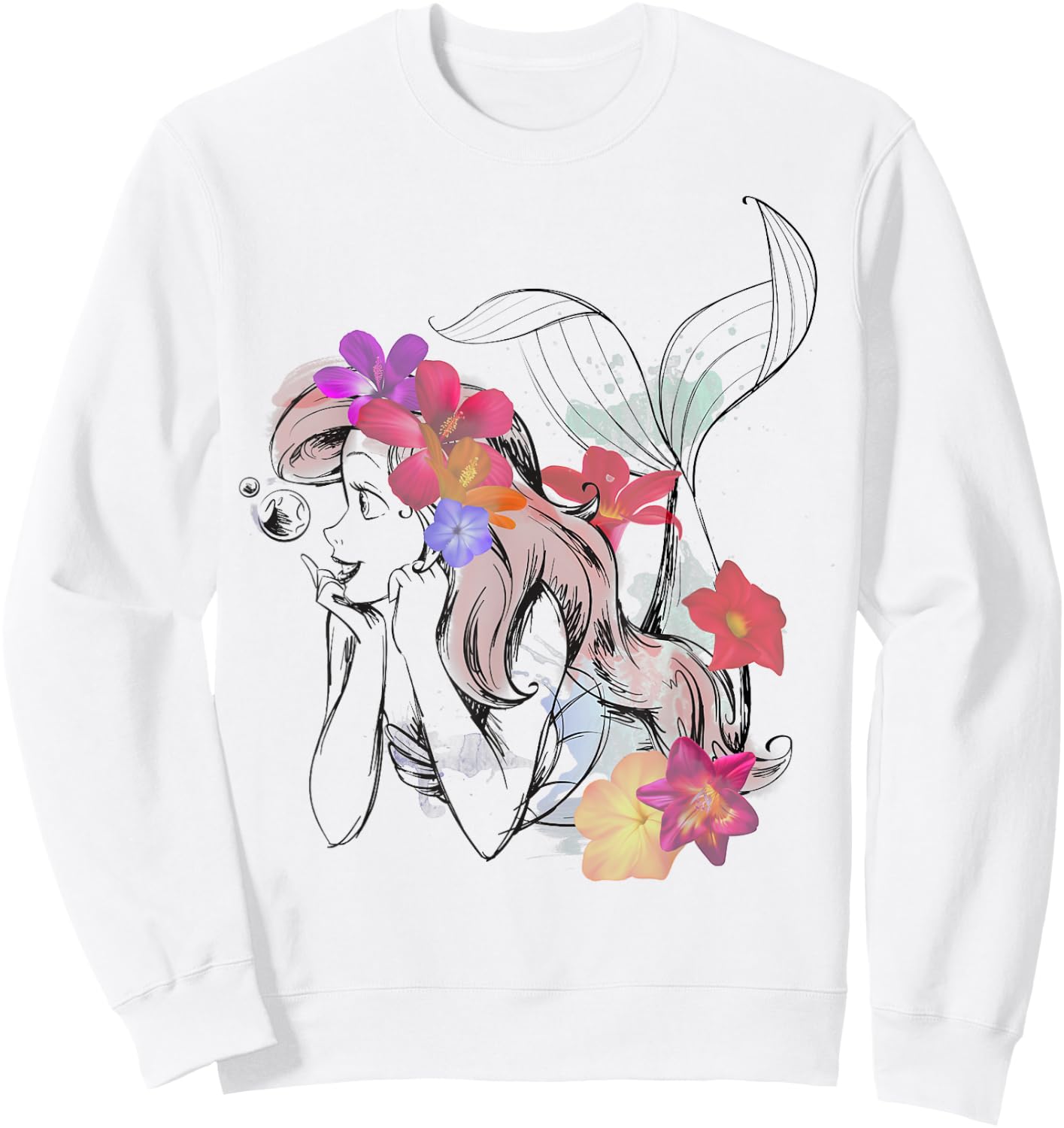 Disney The Little Mermaid Floral Watercolor Outline Sweatshirt - Sweatshirt | White