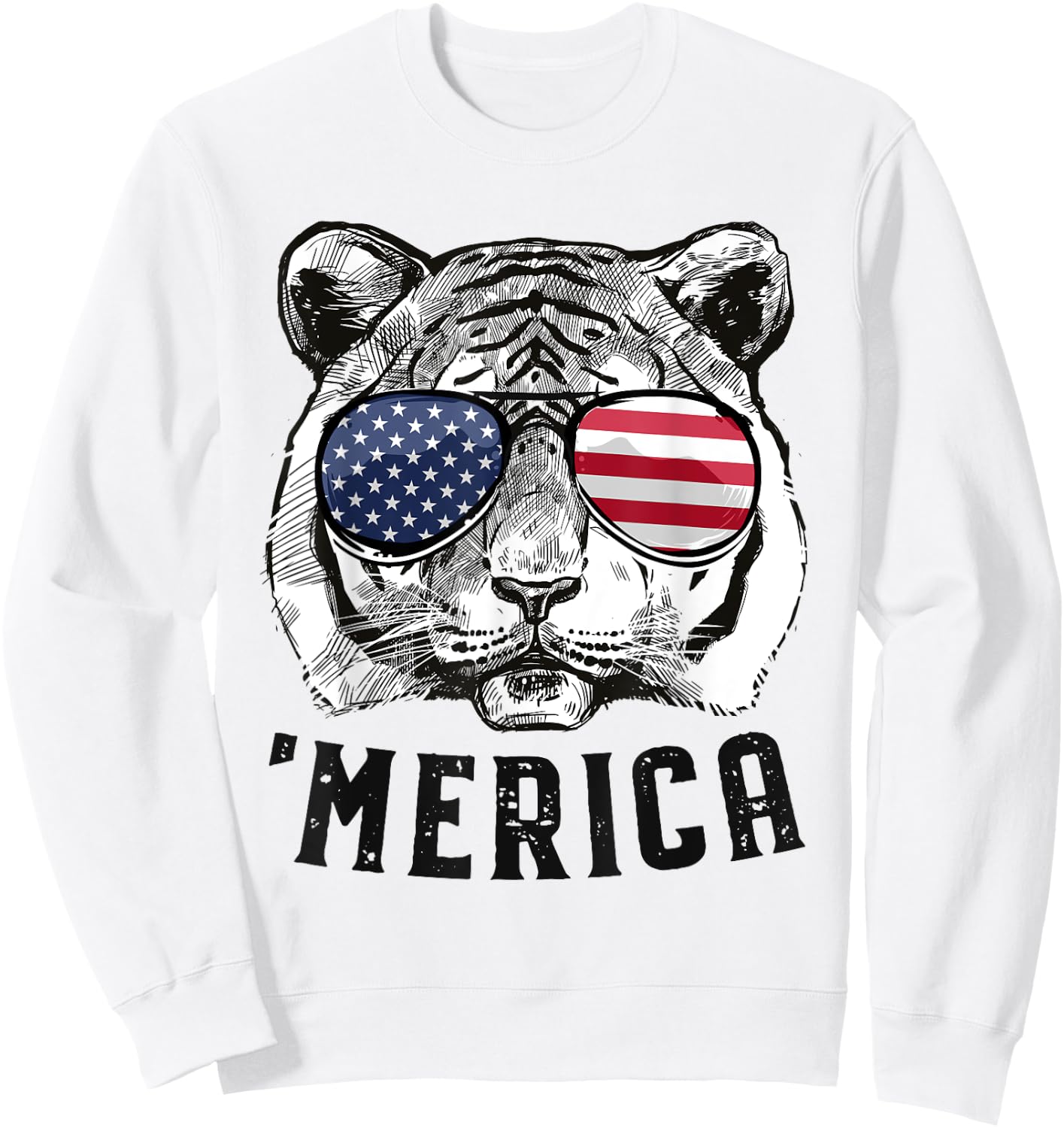 Tiger American Flag 4th of July Merica Sunglasses Sweatshirt - Sweatshirt | White