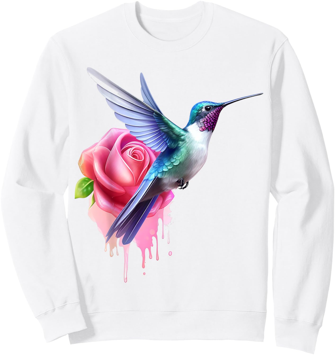 Hummingbird Art Rose Animal Colorful Graphic Hummingbird Sweatshirt - Sweatshirt | White