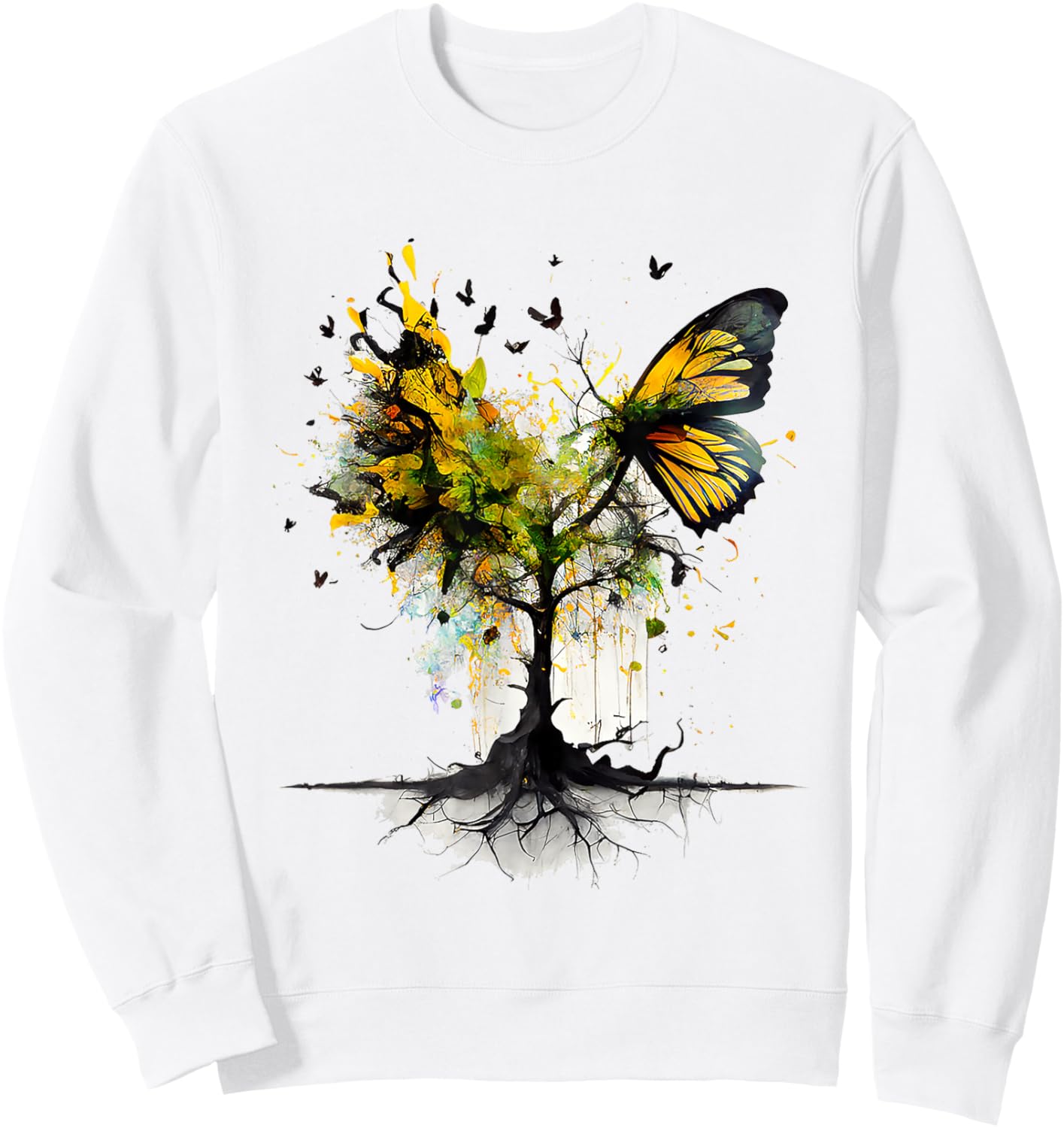 Butterfly Animal Tree Creative Art Sweatshirt - Sweatshirt | White