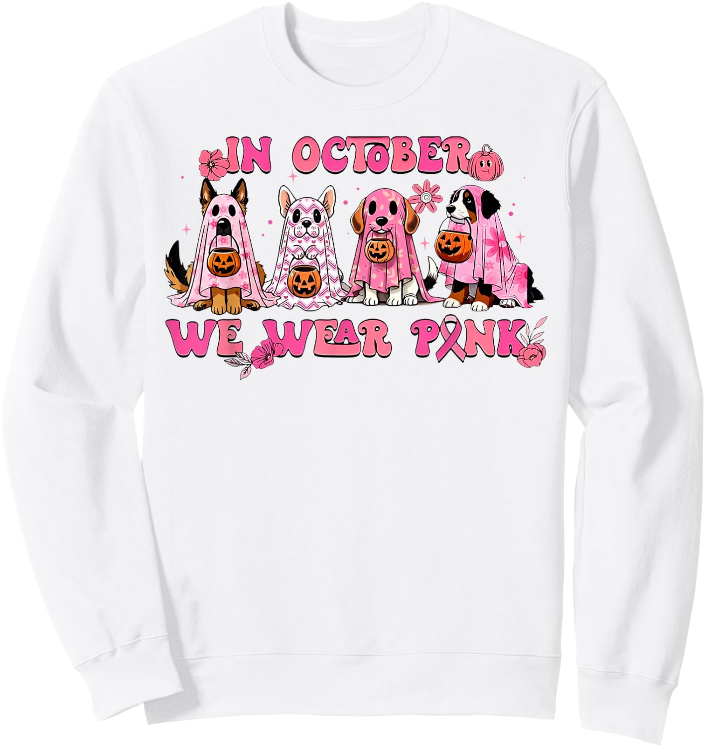 In October We Wear Pink Dog Ghost Breast Cancer Awareness Sweatshirt - Sweatshirt | White