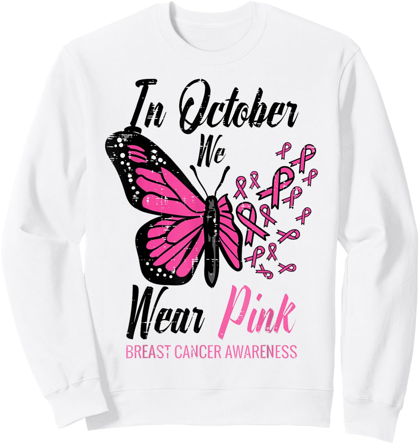 In October We Wear Pink Butterfly Breast Cancer Awareness Sweatshirt - Sweatshirt | White