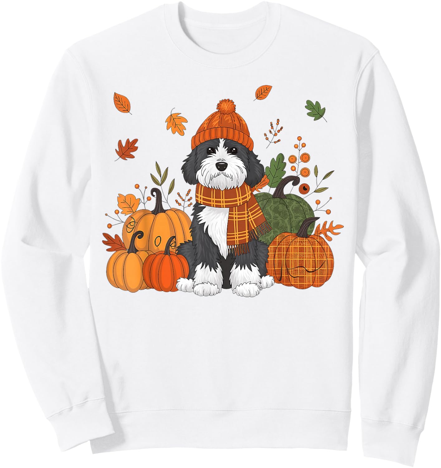 Bernedoodle Thanksgiving Leopard Pumpkins Fall Leaves Lover Sweatshirt - Sweatshirt | White
