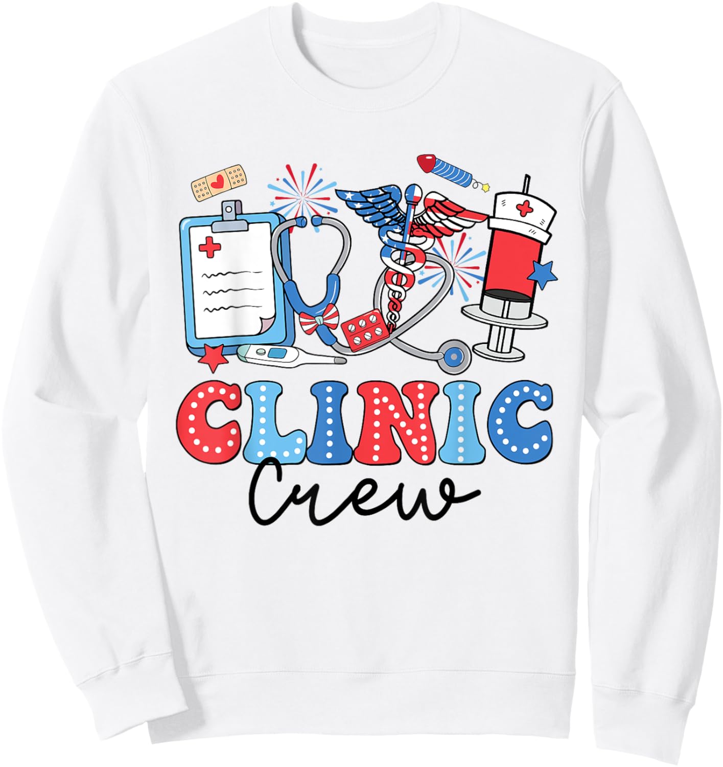 Retro Clinic Crew American Flag Fireworks Nurse 4th Of July Sweatshirt - Sweatshirt | White