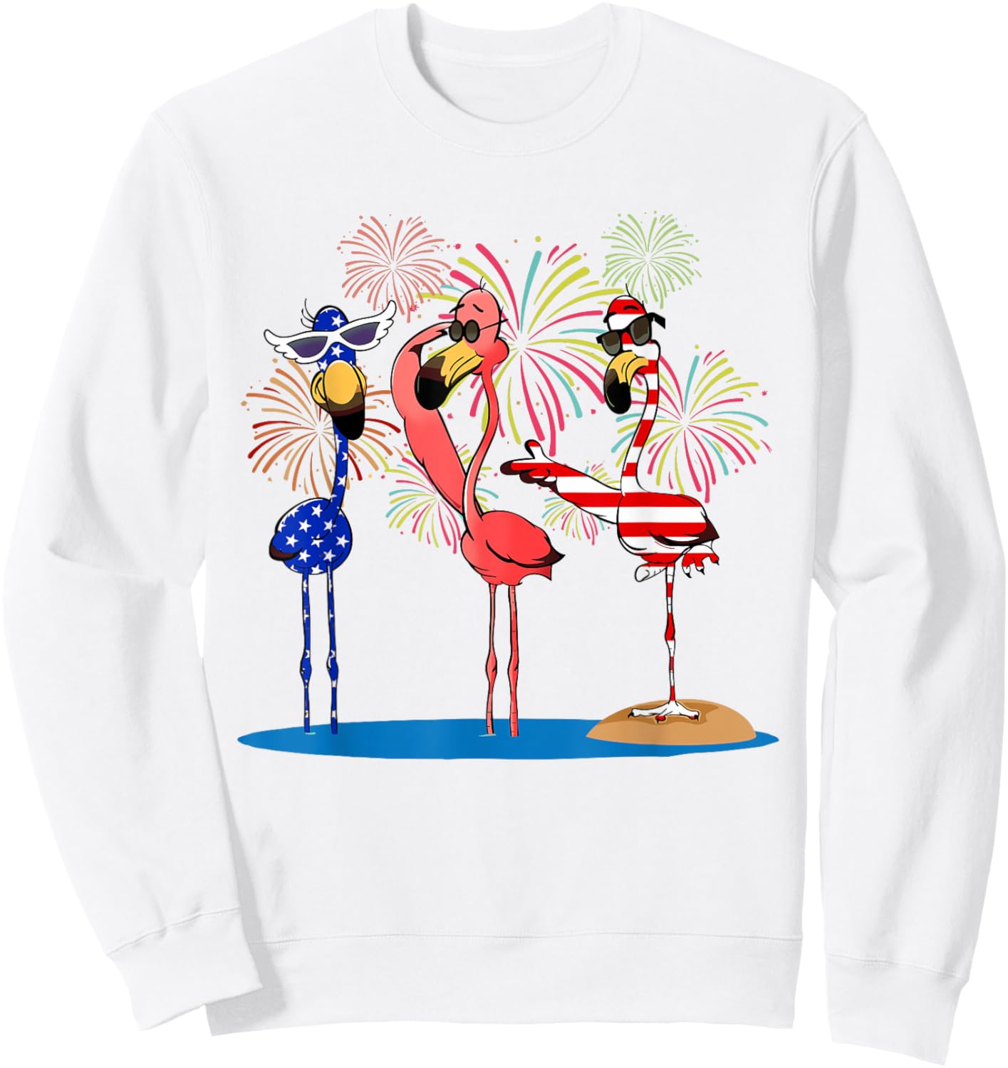 Flamingos And Fireworks Red White Blue 4th Of July American Sweatshirt - Sweatshirt | White