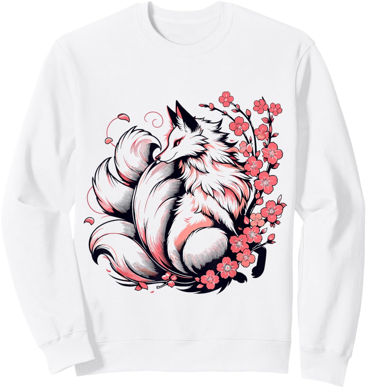 Retro Japanese Kitsune Nine Tailed Fox Cherry Blossom Anime Sweatshirt - Sweatshirt | White