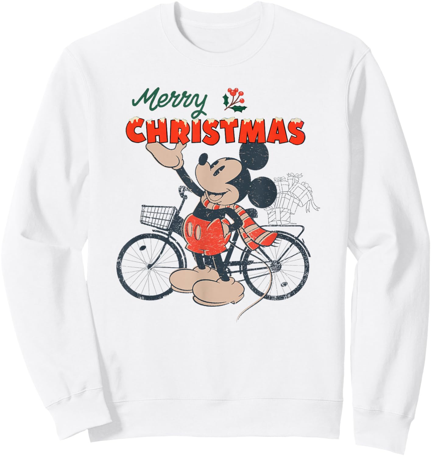 Disney Mickey Mouse Merry Christmas Bicycle Retro Distressed Sweatshirt - Sweatshirt | White