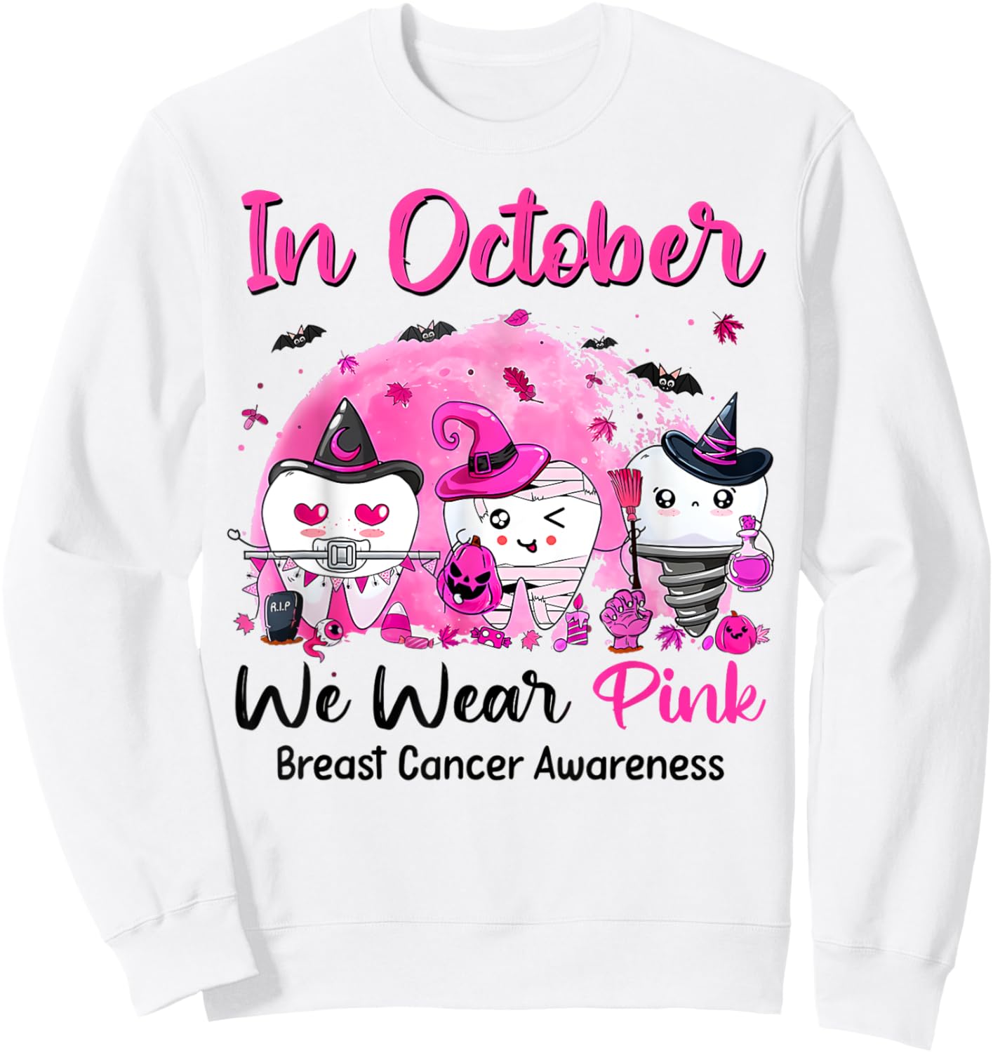 In October we Wear Pink Breast Cancer Leopard Dentist Dental Sweatshirt - Sweatshirt | White