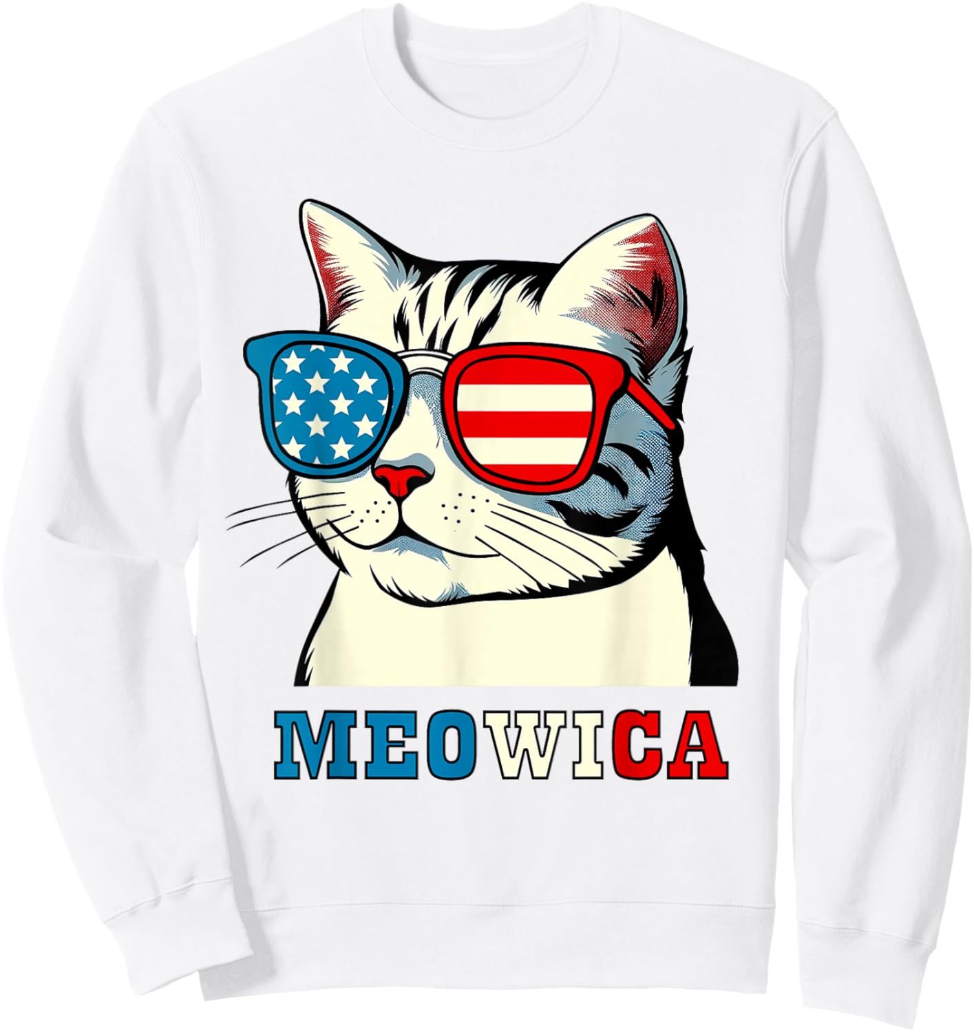 Meowica 4th of July Cat Sunglasses American USA Flag Cat Sweatshirt - Sweatshirt | White