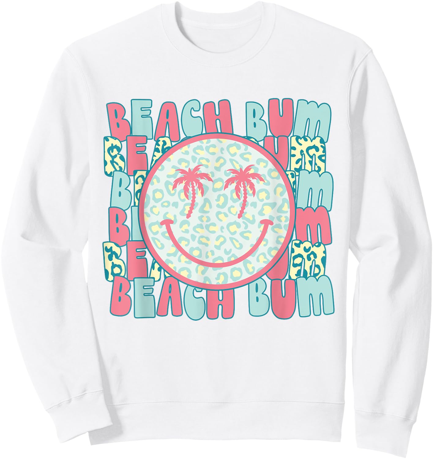 Retro Leopard Happy Face Palm Tree Eyes Beach Bum Smile Face Sweatshirt - Sweatshirt | White