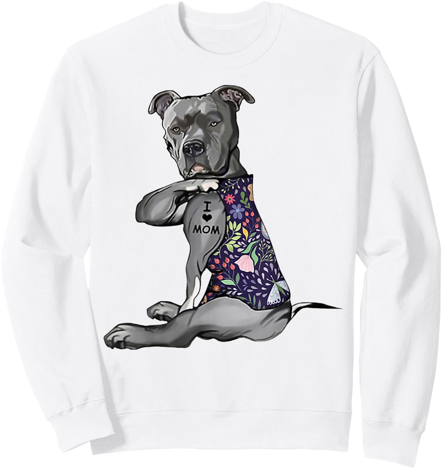 Pitbull I Love Mom Funny Pitbull Tattooed Sweatshirt - Sweatshirt | White