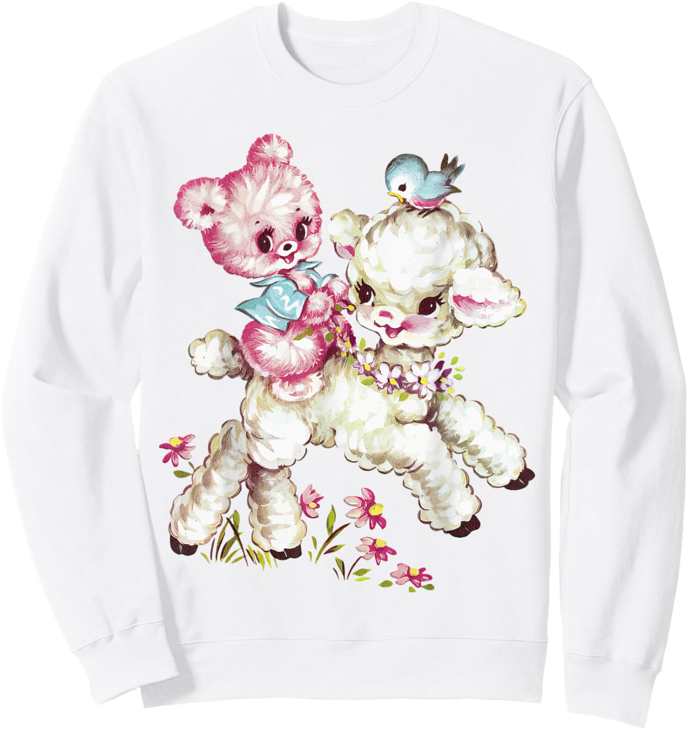 Vintage Easter Cute Lamb Bear Spring Flowers Retro Vintage Sweatshirt - Sweatshirt | White