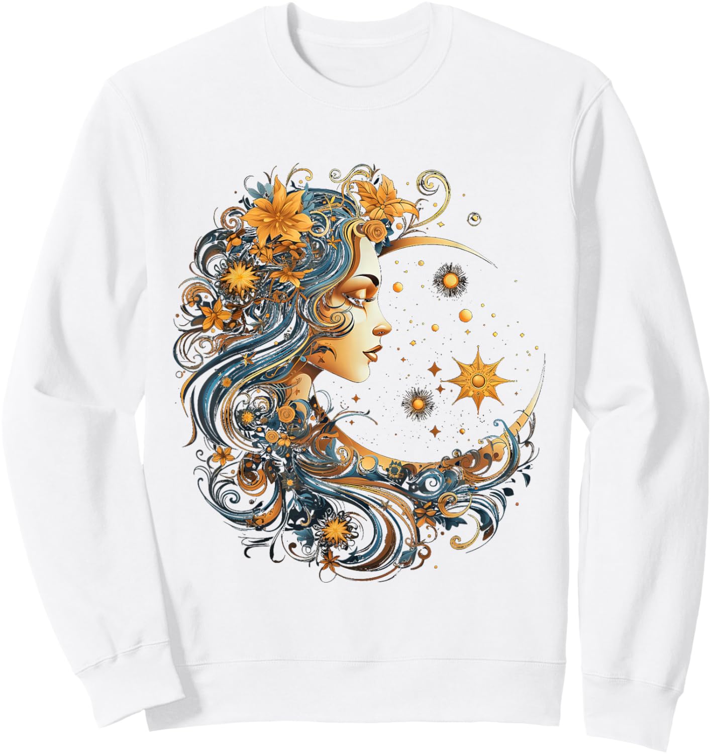 Mystical Sun and Moon with Woman Mystical Flowers Aesthetic Sweatshirt - Sweatshirt | White