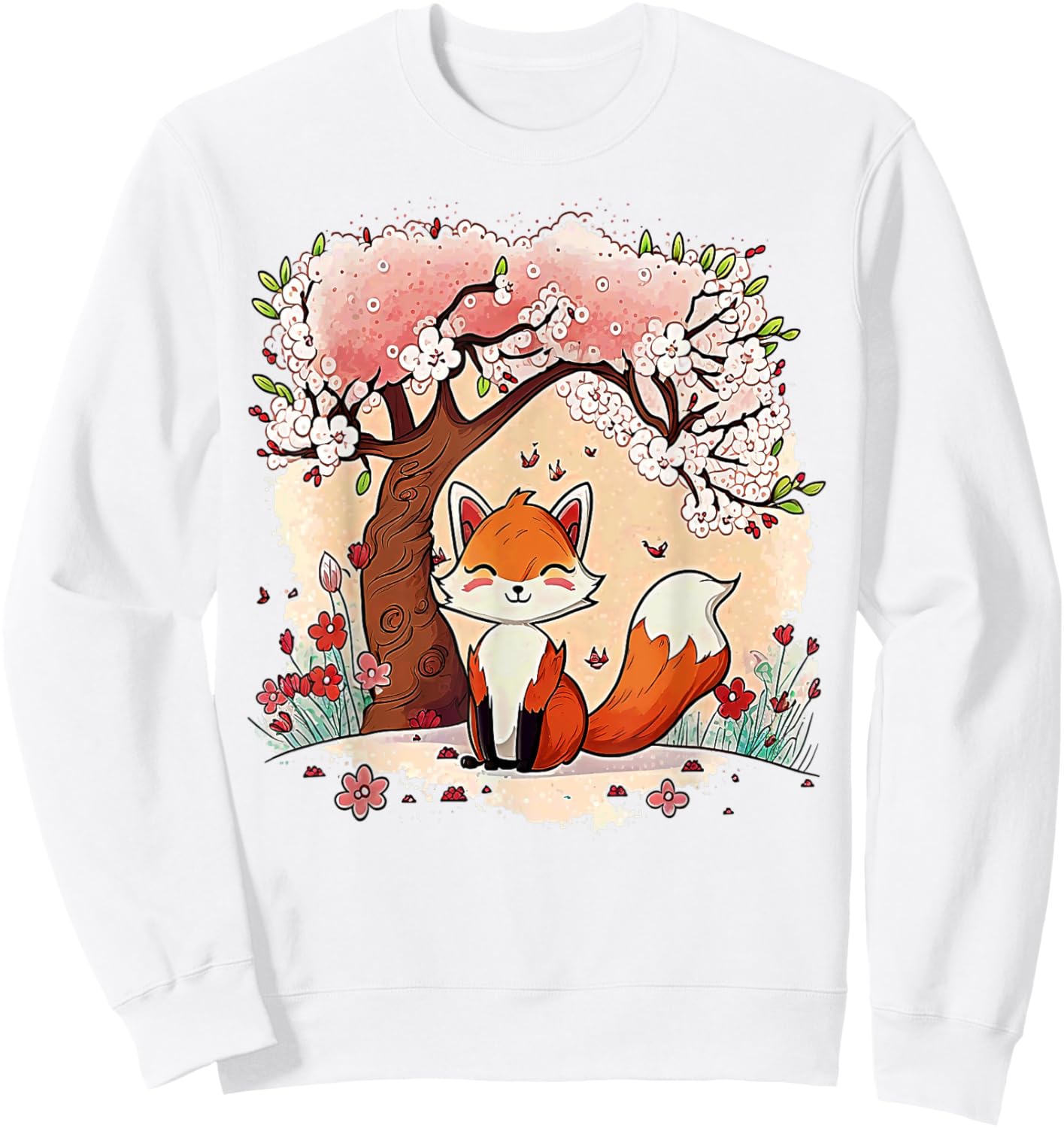 Fox Japanese Aesthetic Cherry Blossom Anime Pink Vaporwave Sweatshirt - Sweatshirt | White