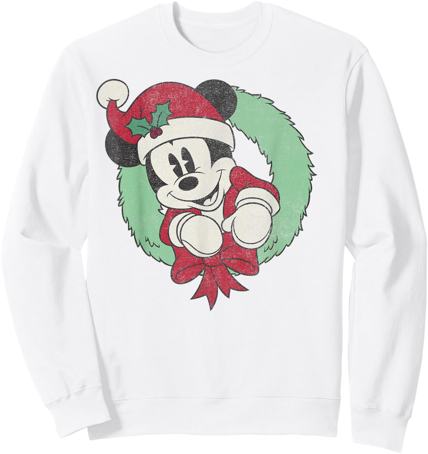 Disney Mickey Mouse Christmas Wreath Santa Hat Portrait Sweatshirt - Sweatshirt | White