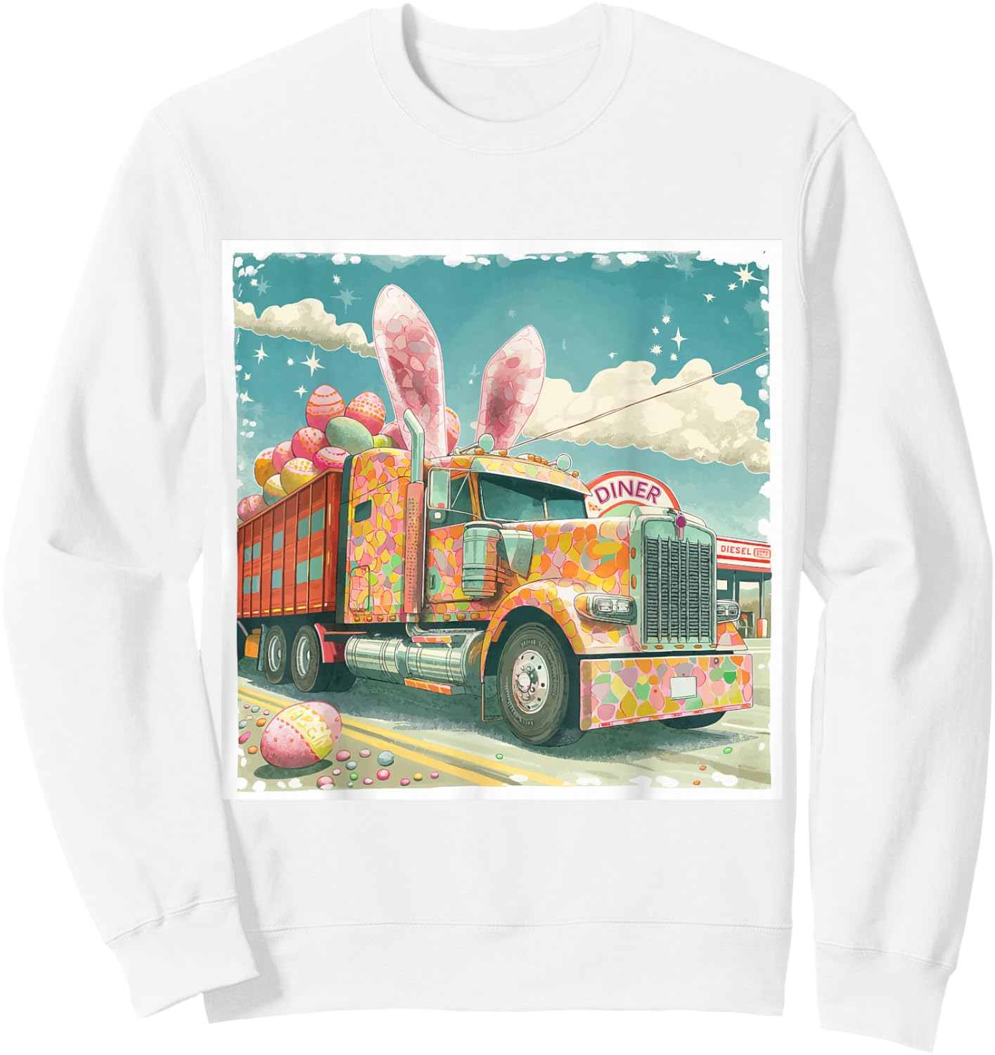 Semi Truck Lover's Easter Bunny, Retro Art Sweatshirt - Sweatshirt | White
