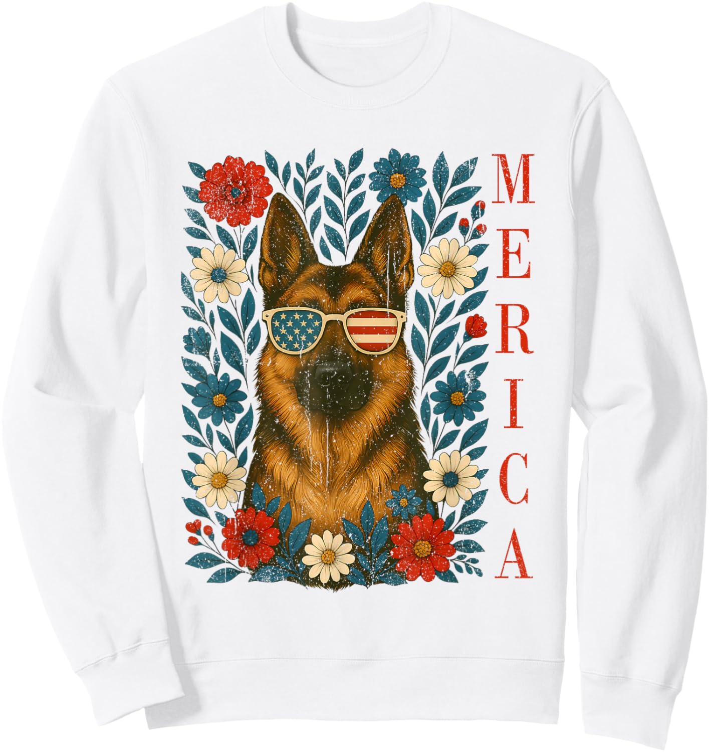 Floral Merica German Shepherd Sunglasses Patriotic USA Flag Sweatshirt - Sweatshirt | White