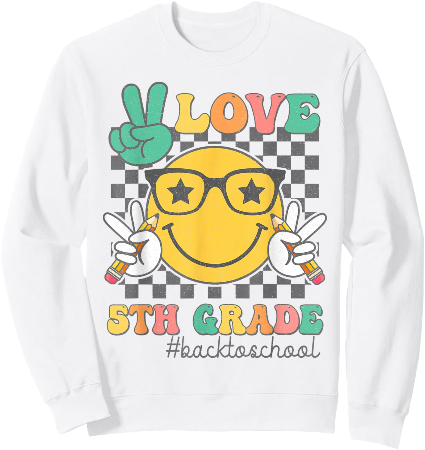 Peace Love 5th Grade Cute Smile Face Back to School Girls Sweatshirt - Sweatshirt | White