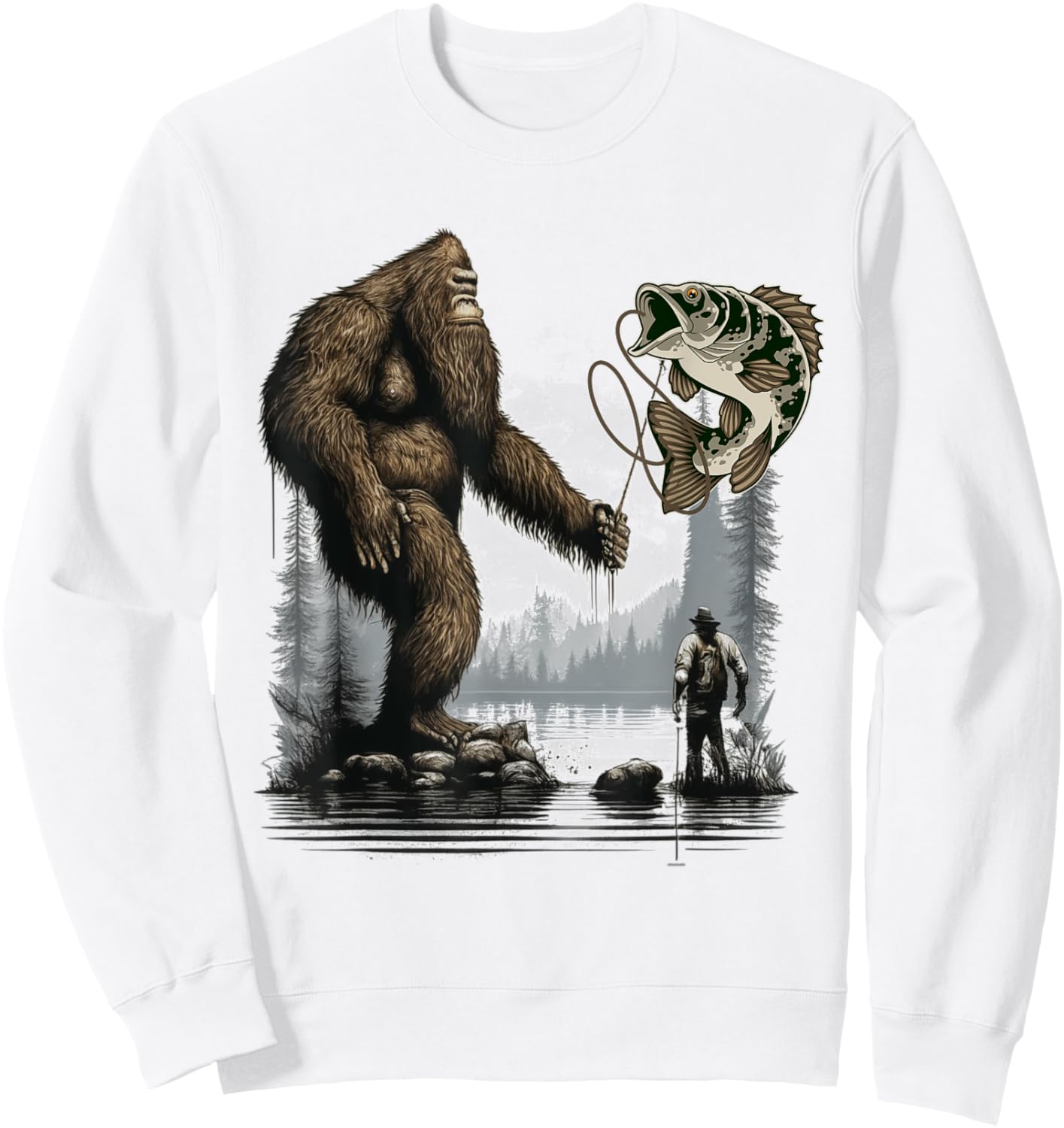 Bigfoot Fishing Funny Sasquatch Fish Sweatshirt - Sweatshirt | White