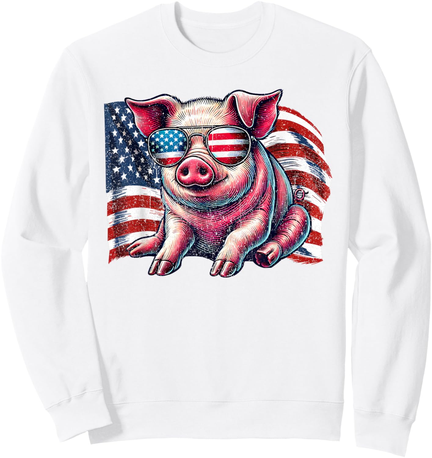 Pig Animals Lover American Flag Patriotic Sunglasses Vintage Sweatshirt - Sweatshirt | White