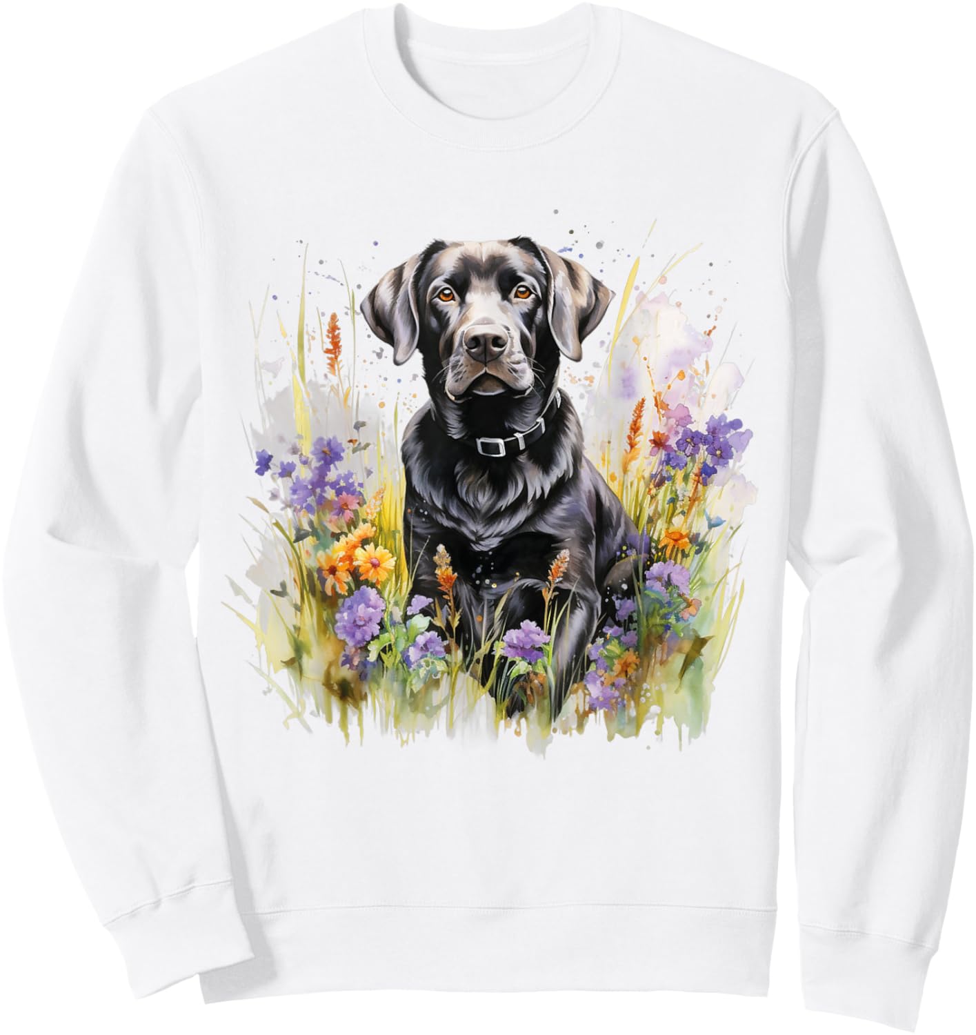 Floral Wildflower Dog Black Labrador Retriever Sweatshirt - Sweatshirt | White