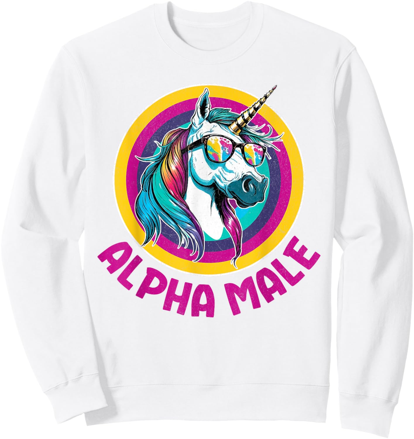 Alpha Male Rainbow Unicorn Funny Ironic Rude Humor Retro Sweatshirt - Sweatshirt | White