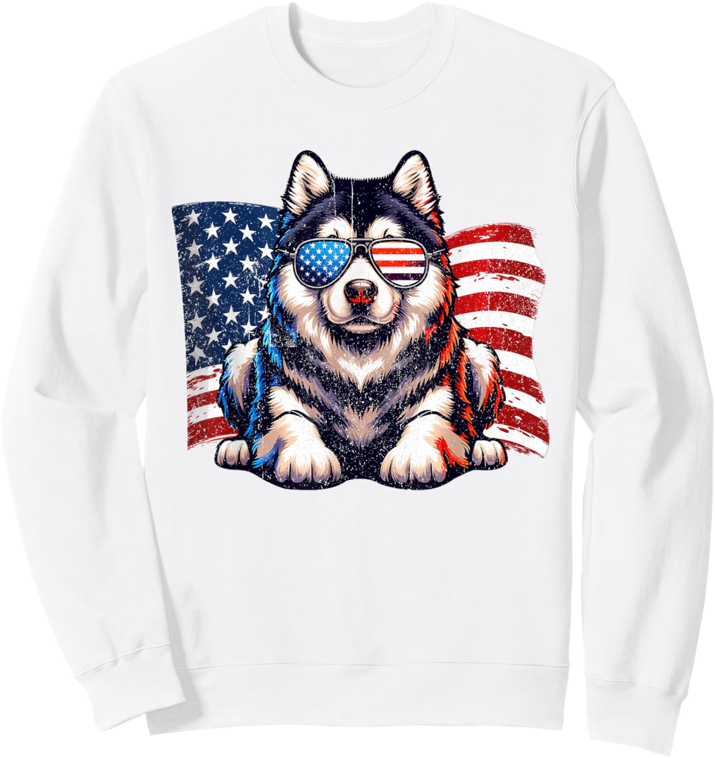Vintage Alaskan Malamute American Flag Sunglasses Patriotic Sweatshirt - Sweatshirt | White