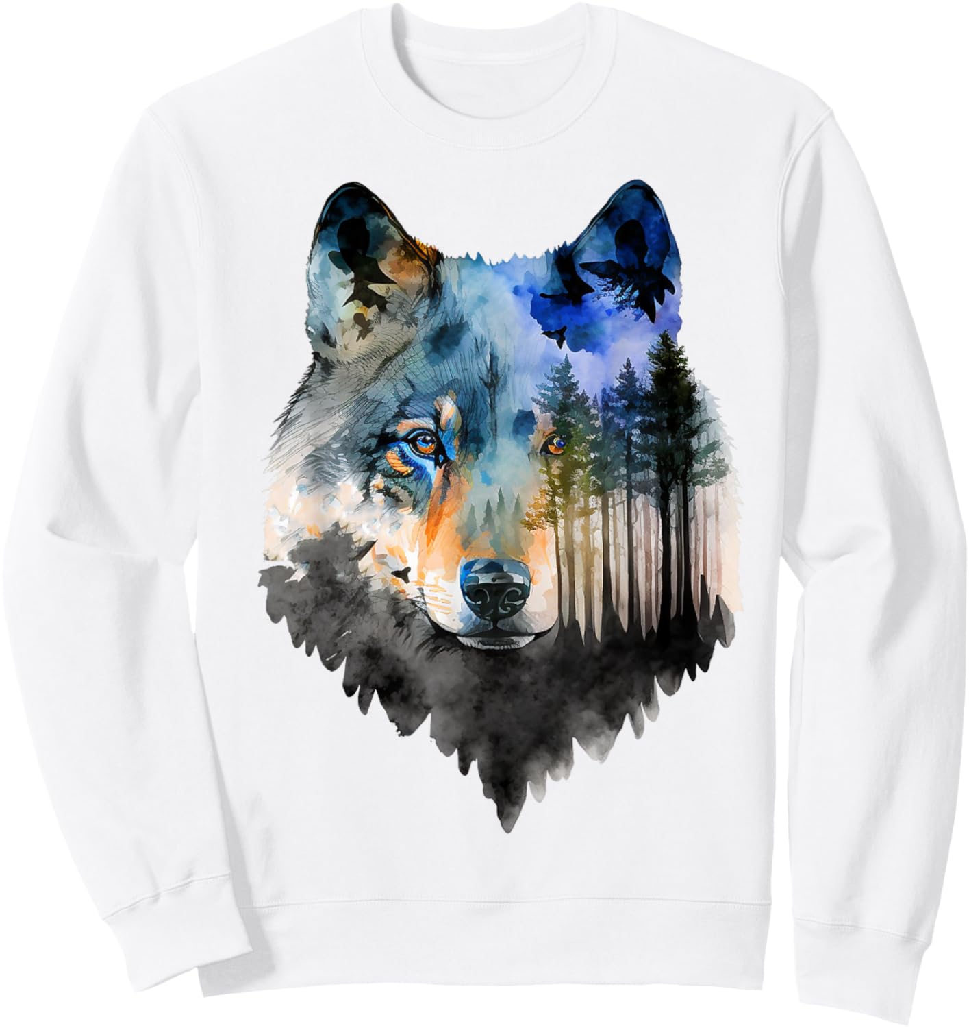 Wolf Forest Landscape Animal Face Art Animal Lover Wolf Sweatshirt - Sweatshirt | White