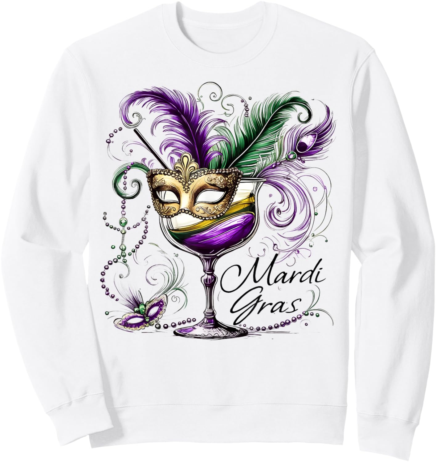 Mardi Gras Glass Of Wine Drinking Team Masked Wine Festival Sweatshirt - Sweatshirt | White