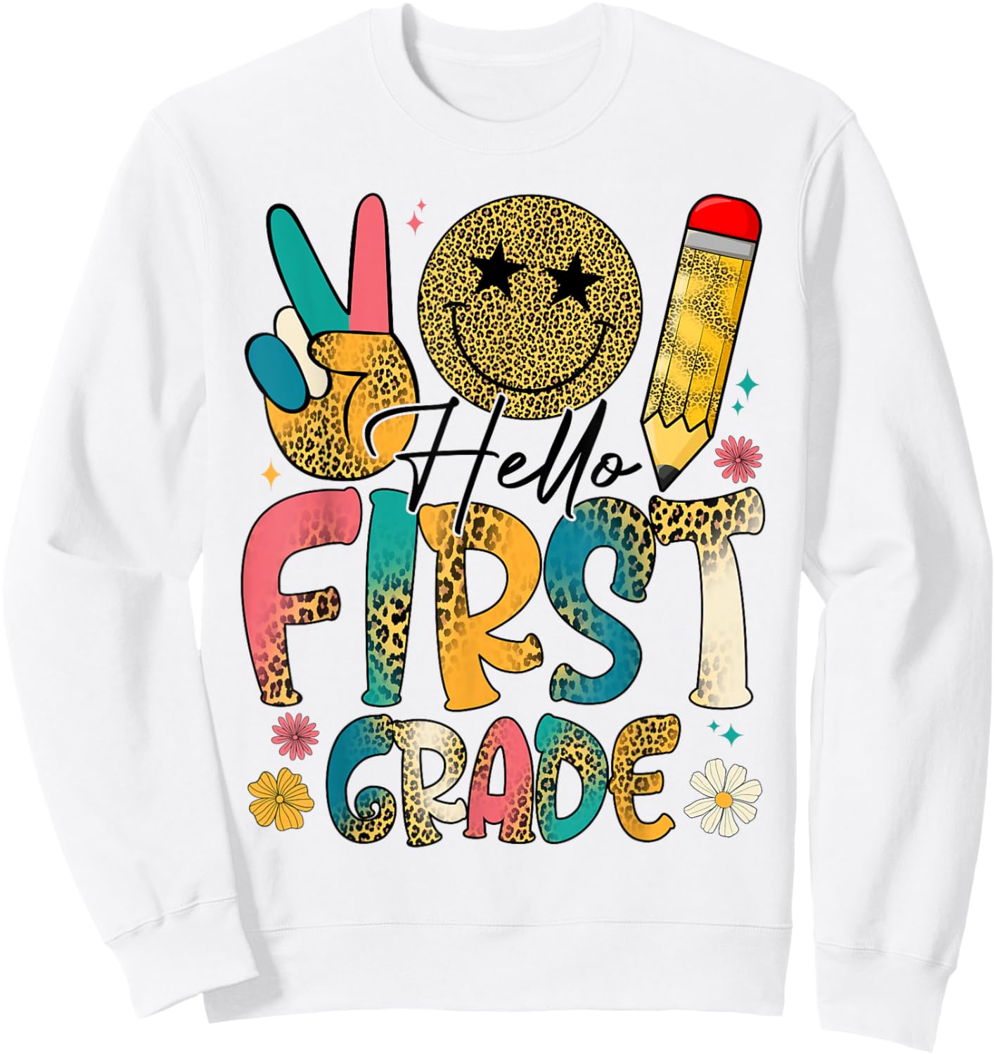 Retro Hello First Grade Tie Dye Leopard Back To School Kids Sweatshirt - Sweatshirt | White
