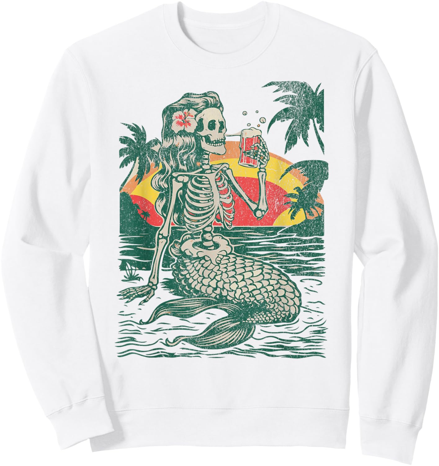 Skeleton Mermaid Drinking at Sunset Retro Sweatshirt - Sweatshirt | White