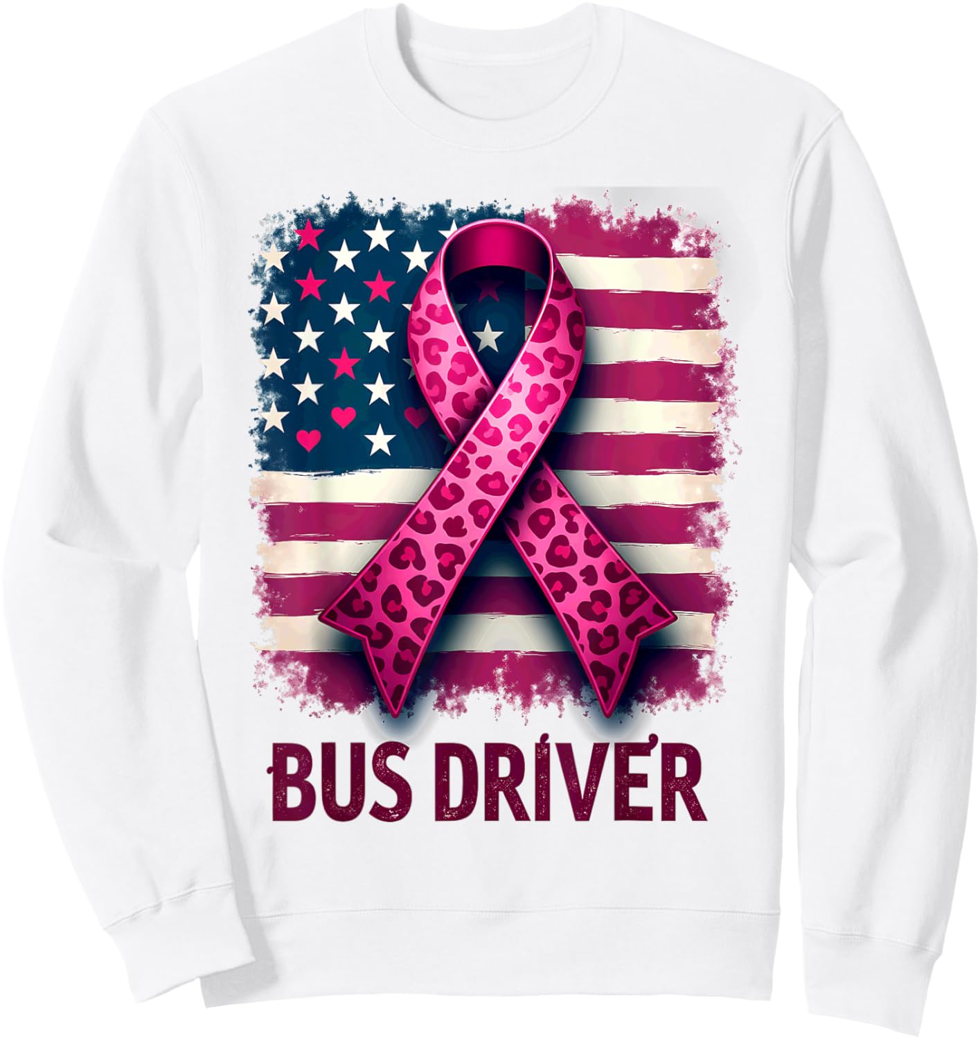 Bus Driver US Flag Pink Ribbon Breast Cancer Awareness Sweatshirt - Sweatshirt | White