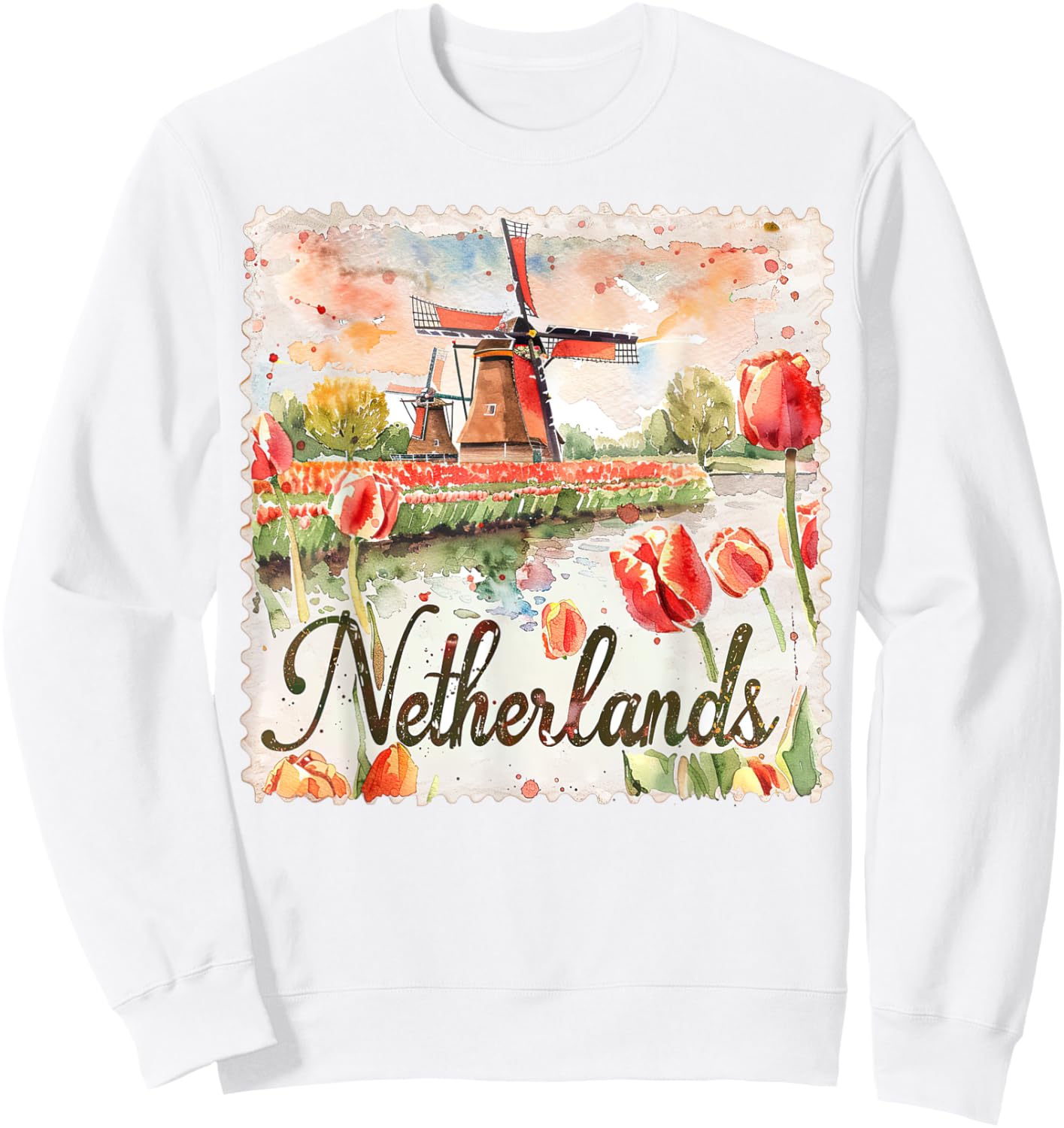 Netherlands Watercolor Windmill Tulips Travel Souvenir Sweatshirt - Sweatshirt | White