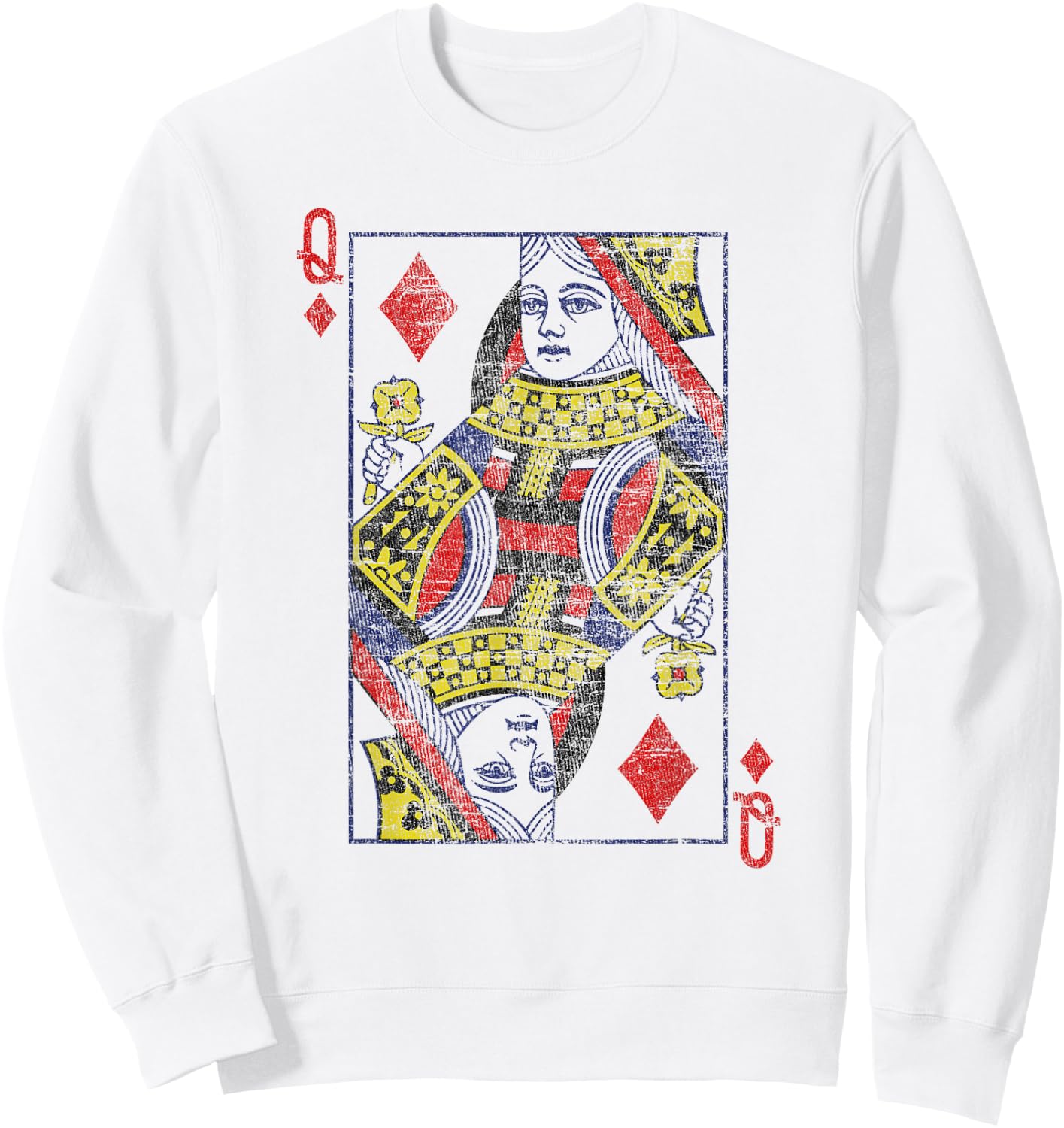 Queen of Diamonds Shirt Card Costume Poker Distressed Sweatshirt - Sweatshirt | White