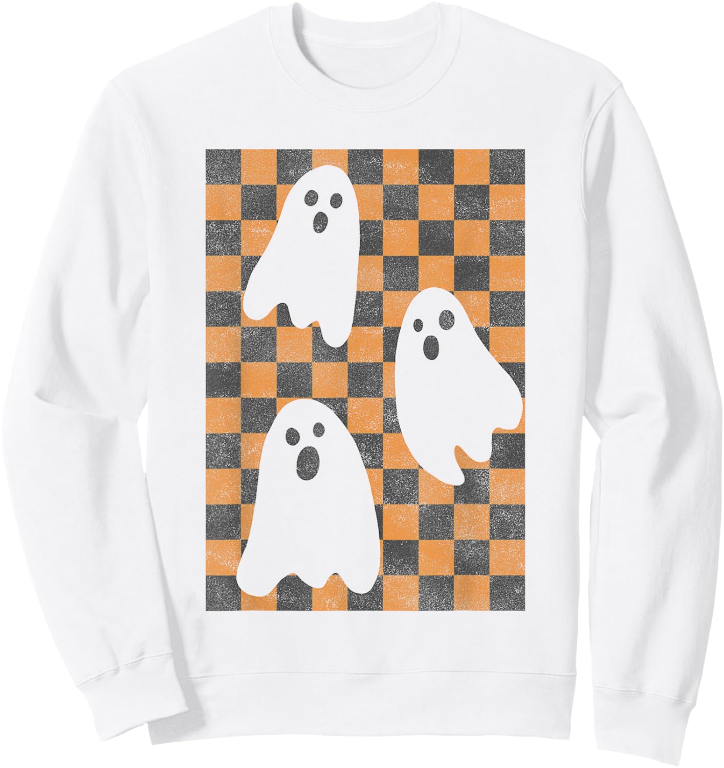 Halloween Ghosts Spooky Season Checker Board Distressed Sweatshirt - Sweatshirt | White