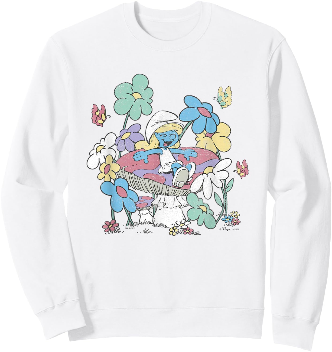 The Smurfs Smurfette Having Fun In Nature Distressed Sweatshirt - Sweatshirt | White
