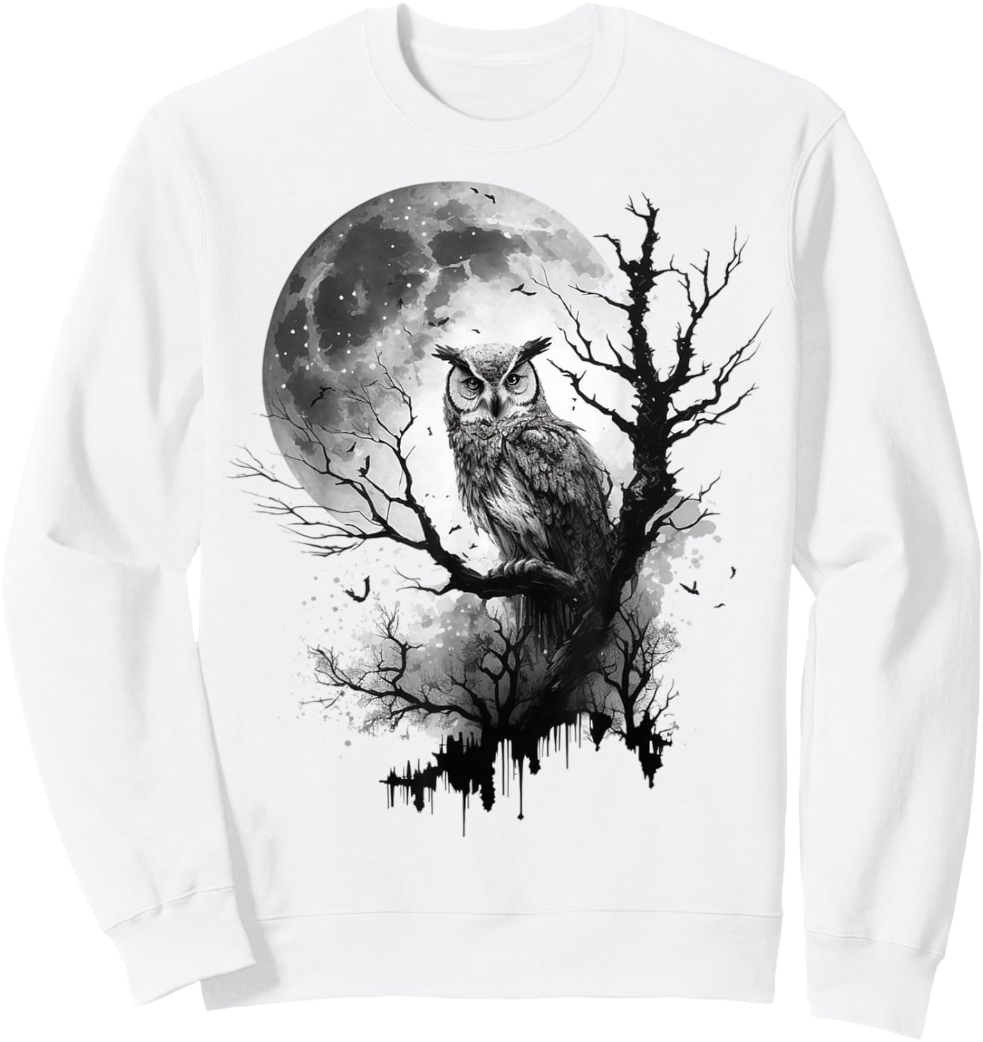 Owl Moon Tree Animal Print Art Animal Lover Owl Sweatshirt - Sweatshirt | White