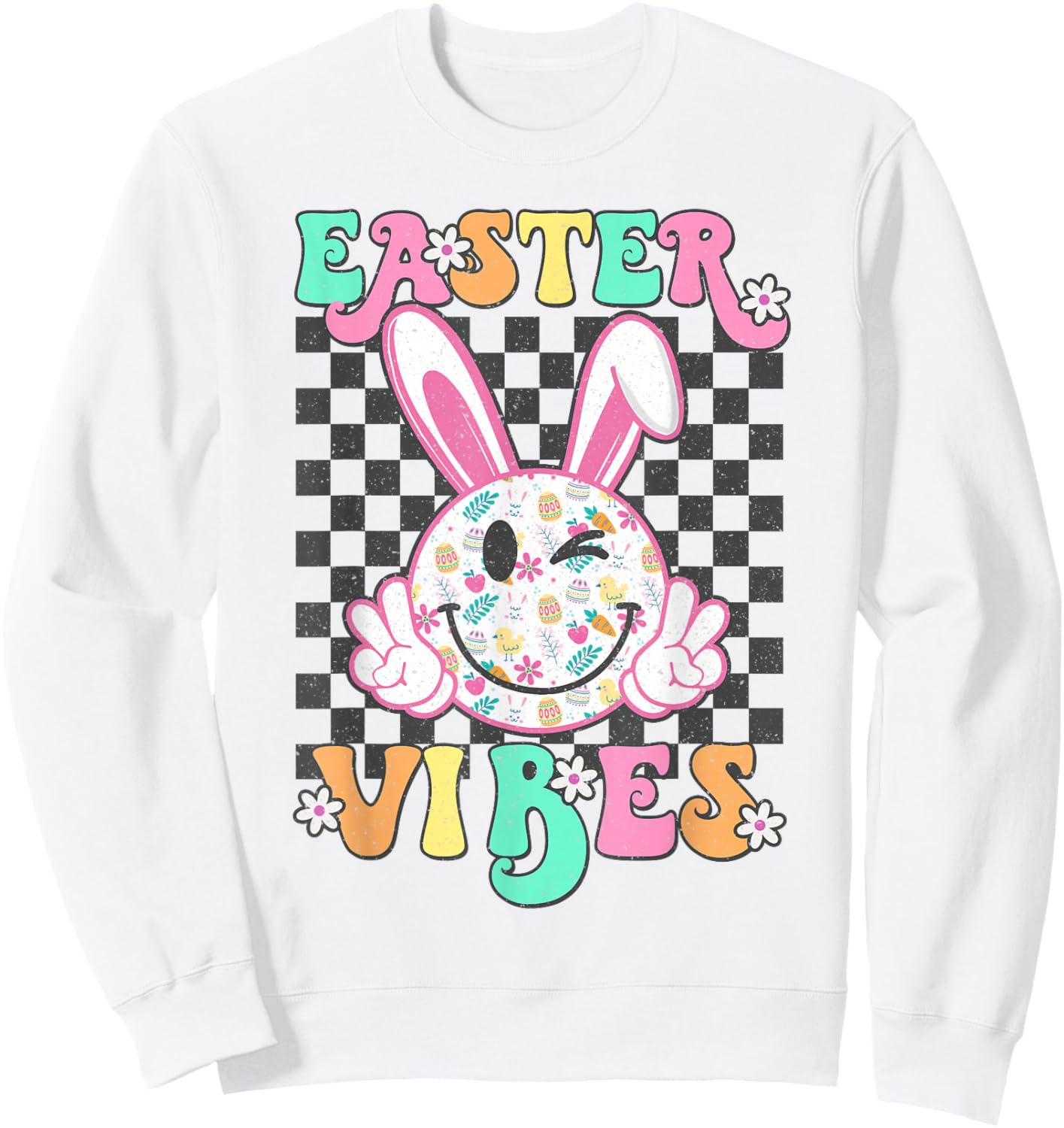 Retro Groovy Easter Vibes Bunny Checkered Smile Girls Sweatshirt - Sweatshirt | White
