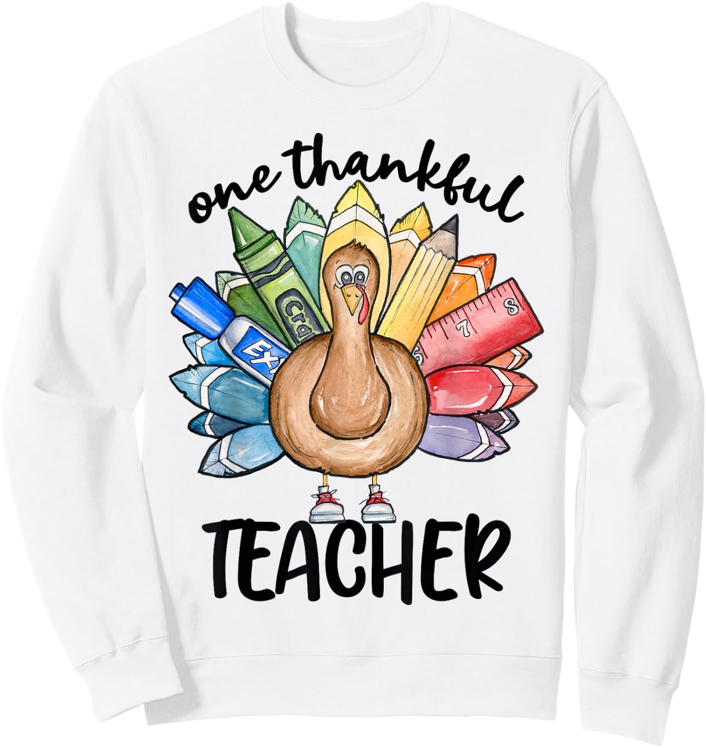 One Thankful Teacher Thanksgiving Turkey, Cute Crayon Pencil Women Sweatshirt - Sweatshirt | White