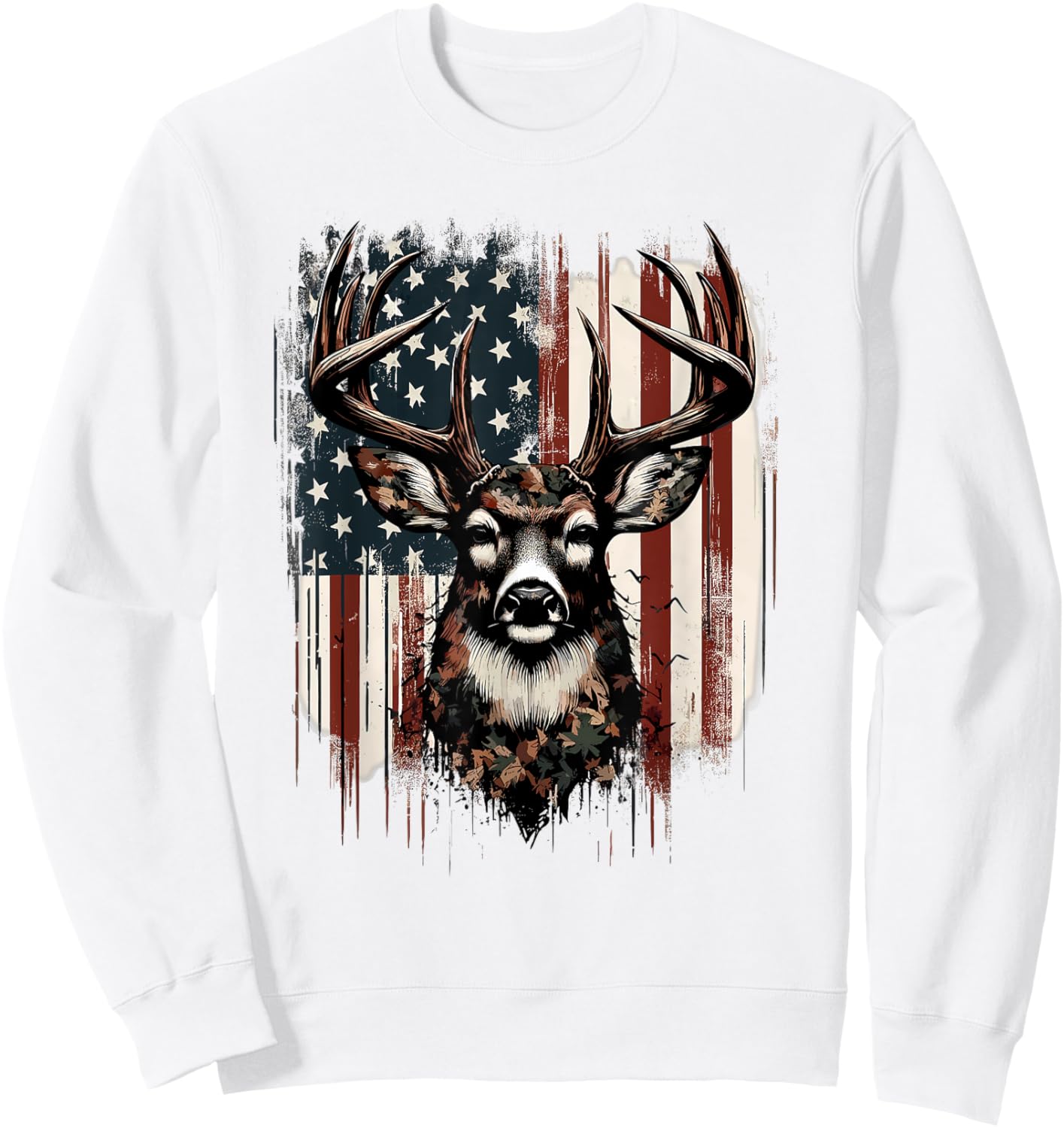 Deer Hunting American Flag Whitetail Buck Antlers Sweatshirt - Sweatshirt | White