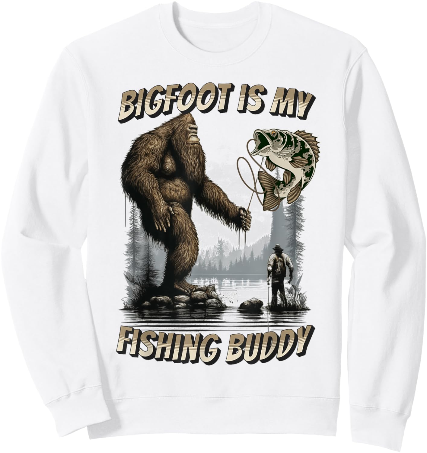 Bigfoot Style Bigfoot Fishing Funny Sasquatch Fish - -Adults, Kids - Blue - Short Sleeve - Small - Classic Fit - Cotton 100% Sweatshirt - Sweatshirt | White