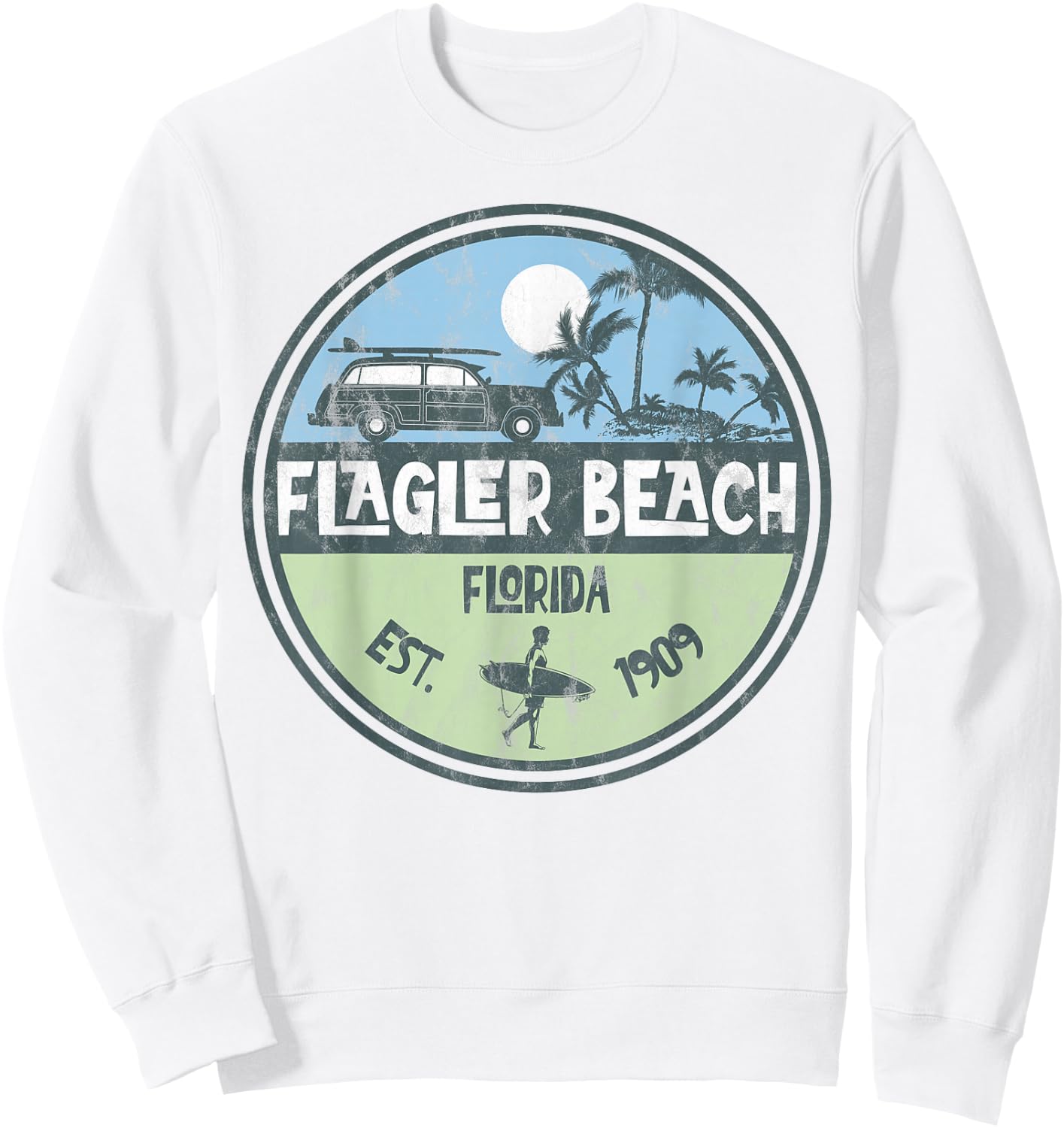 Flagler Beach Florida Wagon Beach Palms Surfer Vintage Women Kids Sweatshirt - Sweatshirt | White