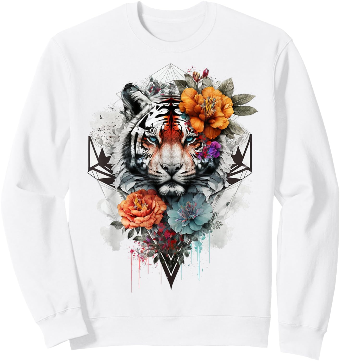 Tiger Flowers Blue Eyes Animal Print Art Tiger Sweatshirt - Sweatshirt | White