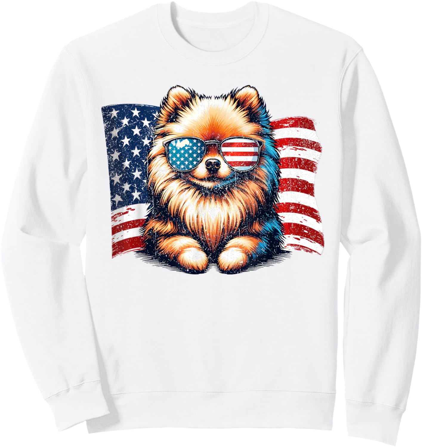 Vintage Pomeranian Dogs American Flag Sunglasses Patriotic Sweatshirt - Sweatshirt | White