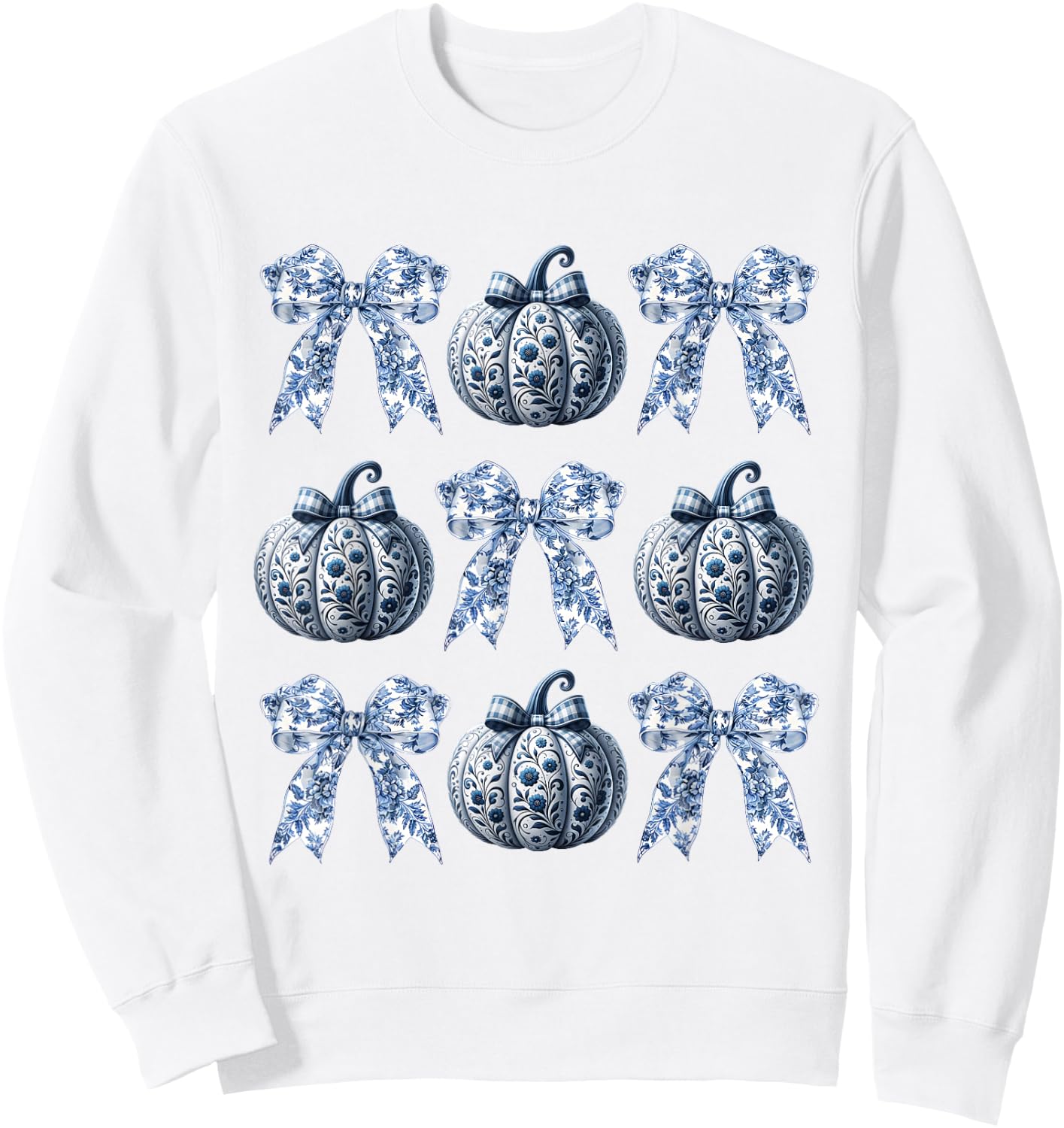 Blue and White Pumpkins Chinoiserie With Bow Fall Halloween Sweatshirt - Sweatshirt | White