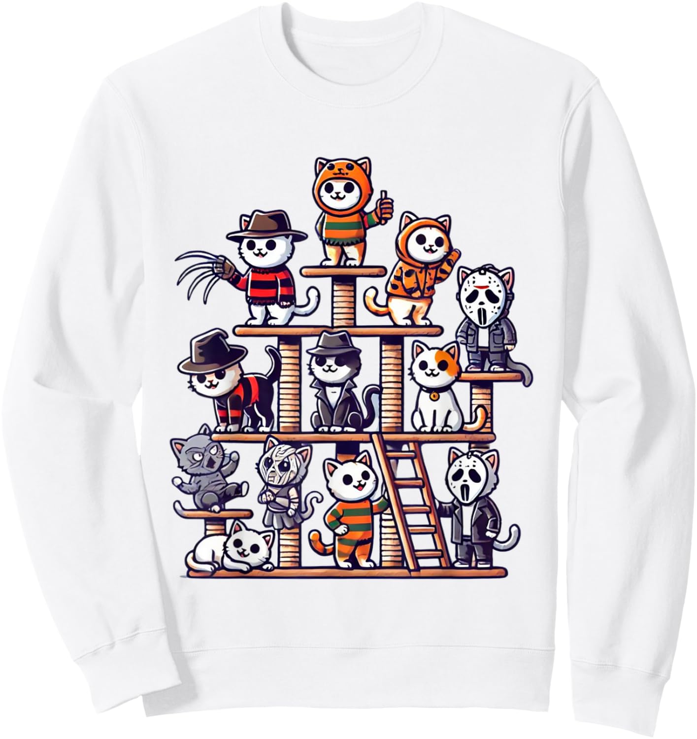 Funny Horror Movie Cats Playing On Cat Tree Sweatshirt - Sweatshirt | White